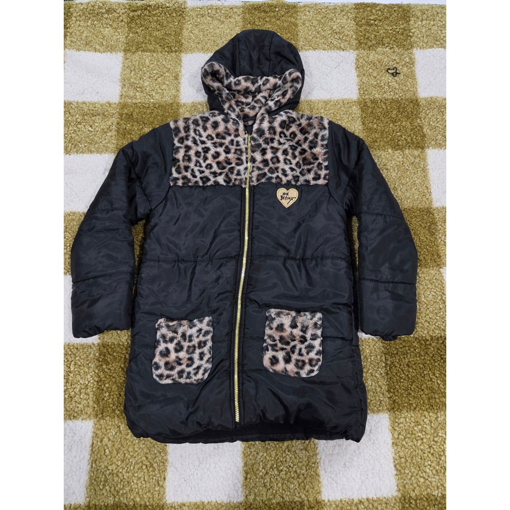 Betsey Johnson Girls Black Leopard Faux Fur Puffer Jacket XL 14/16 Heart Logo